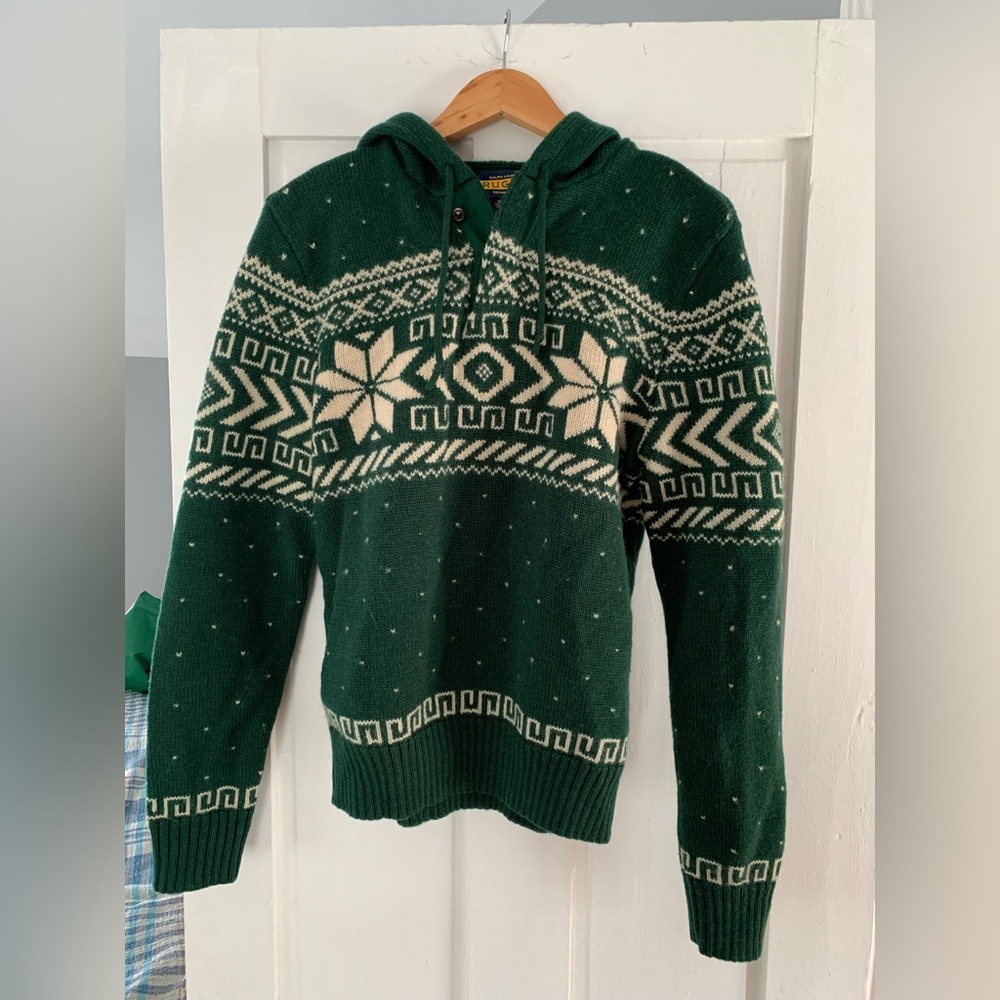 Rugby Ralph Lauren Hooded 100% Wool Vintage Style Snowflake Sweater Size Small